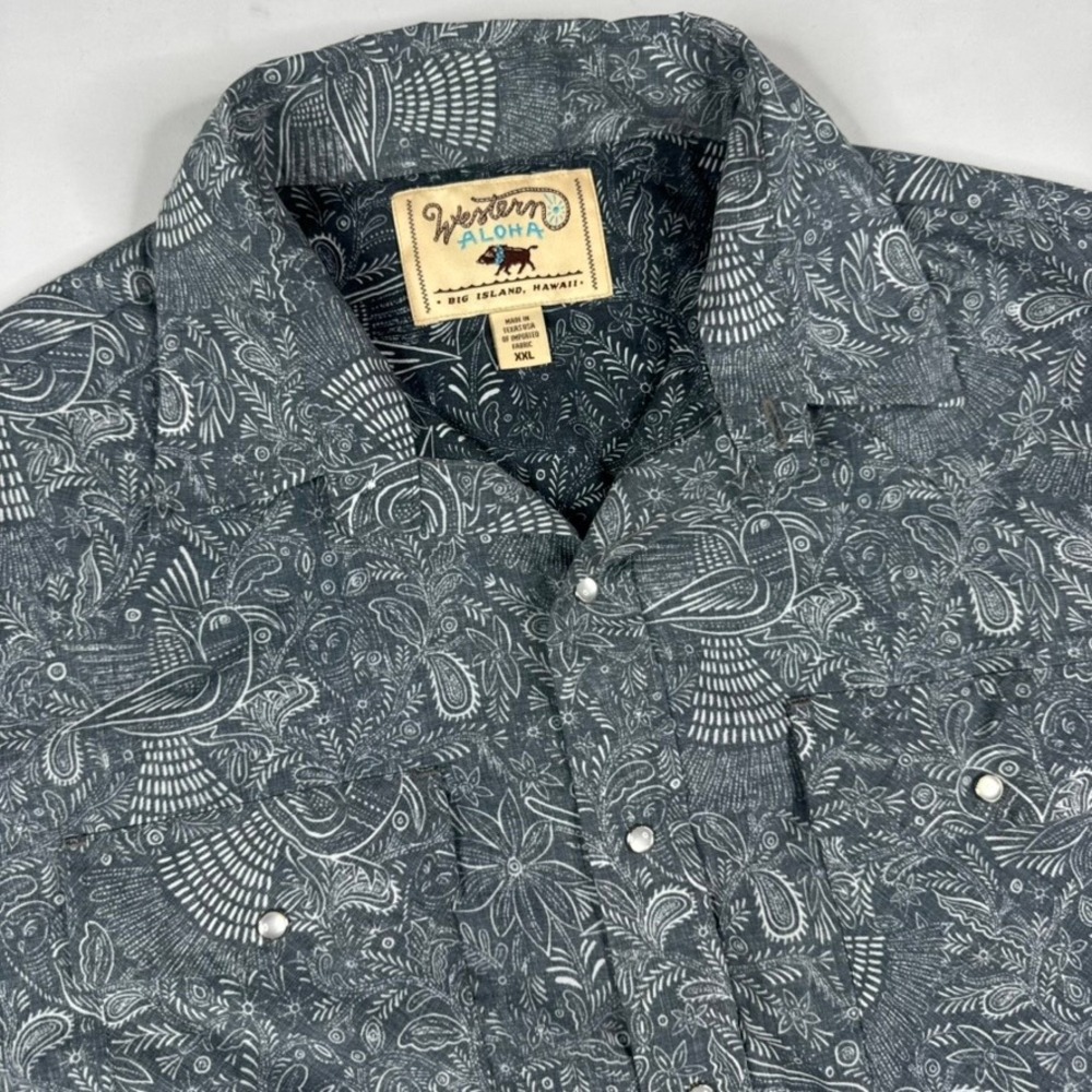 Western‎ Aloha Pearl Snap Shirt Mens 2XL Grey Bird Floral Short Sleeve USA Made